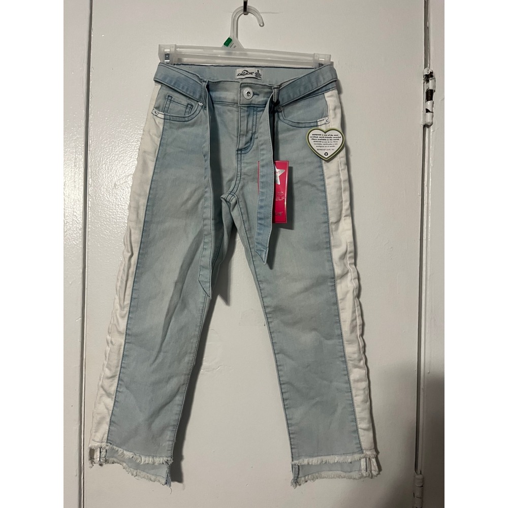 Jordache Girls Size 8 Straight Leg Jeans Light Wash Side Stripe‎ Frayed Step Hem